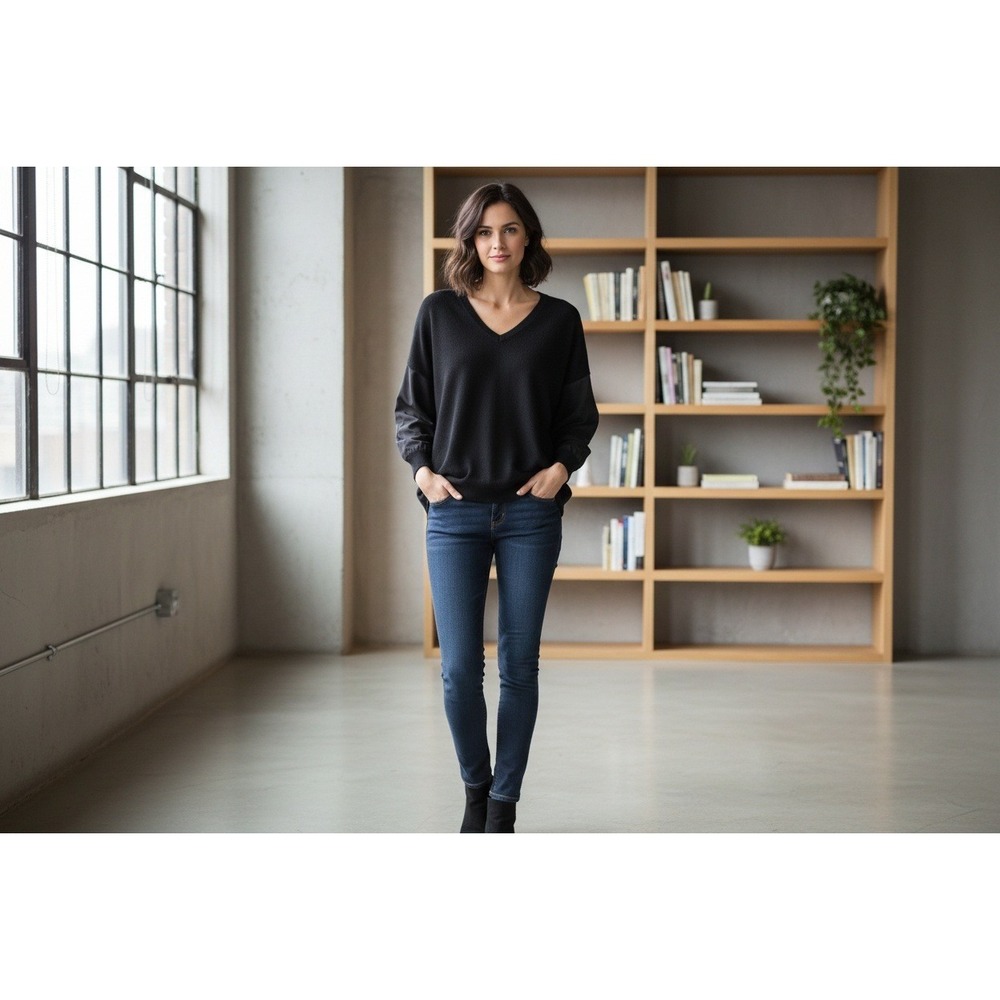 Magaschoni Black V-Neck Sweater with Satin Contrast Sleeves Relaxed Fit Top Sz M
